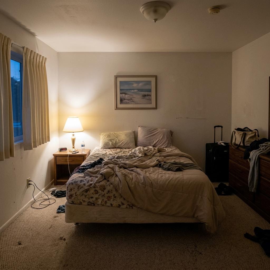 Bedroom listing photo before enhancement: dim lighting and flat color